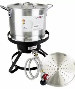 Cajun Outdoor Cooking High Pressure Propane Burner And 24 QT Aluminum Steamer Pot Bundle Stainless Pot Steamers