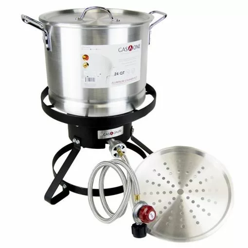 Cajun Outdoor Cooking High Pressure Propane Burner And 24 QT Aluminum Steamer Pot Bundle Stainless Pot Steamers